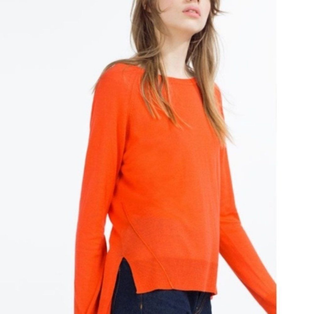 Orange Zara Crewneck Lightweight Long Sleeve Knit Pullover Sweater (NWT)